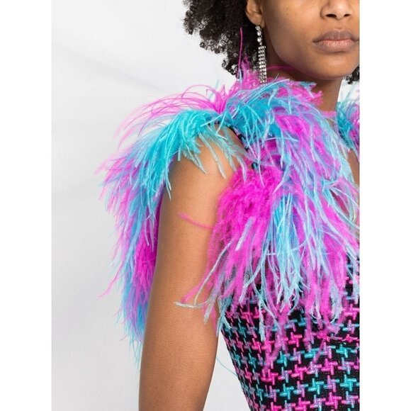 AREA Feather Strap Mini Dress in Fuchsia & Aqua 2 New womens Tweed Cocktail - Picture 12 of 17